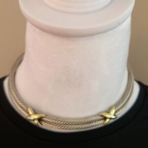 David Yurman Sterling Silver and 14K Gold Double X Cable Choker Collar Necklace